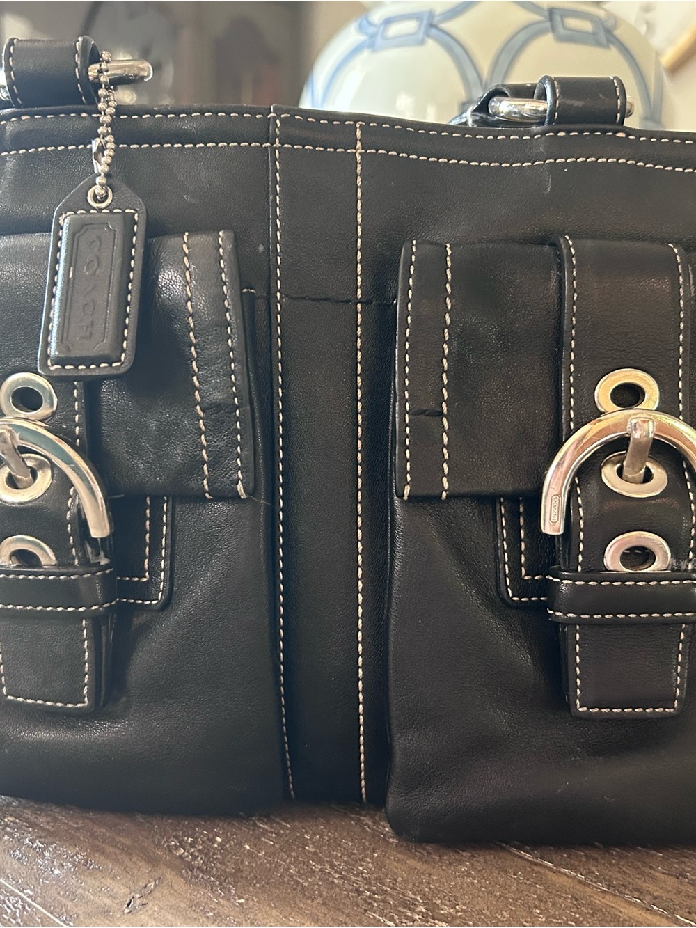 Vintage Coach Soho Black Leather Tote Bag with Front Buckle Pockets - Picture 2 of 6